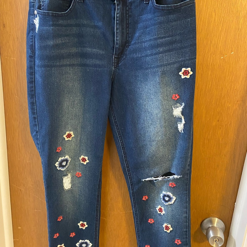 DG2 by Diane Gilman Distressed Blue Jeans with Floral Embroidery